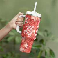 Red Hibiscus Turle Tumbler With Handle Hawaiian Style Tribal Tapa Pattern LT9 - Polynesian Pride