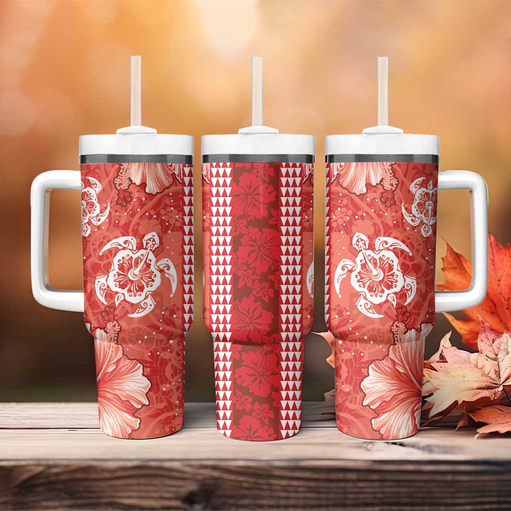 Red Hibiscus Turle Tumbler With Handle Hawaiian Style Tribal Tapa Pattern LT9 - Polynesian Pride