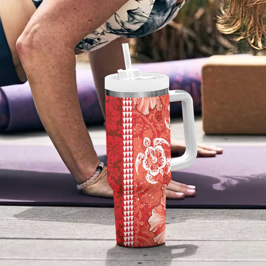 Red Hibiscus Turle Tumbler With Handle Hawaiian Style Tribal Tapa Pattern LT9 - Polynesian Pride