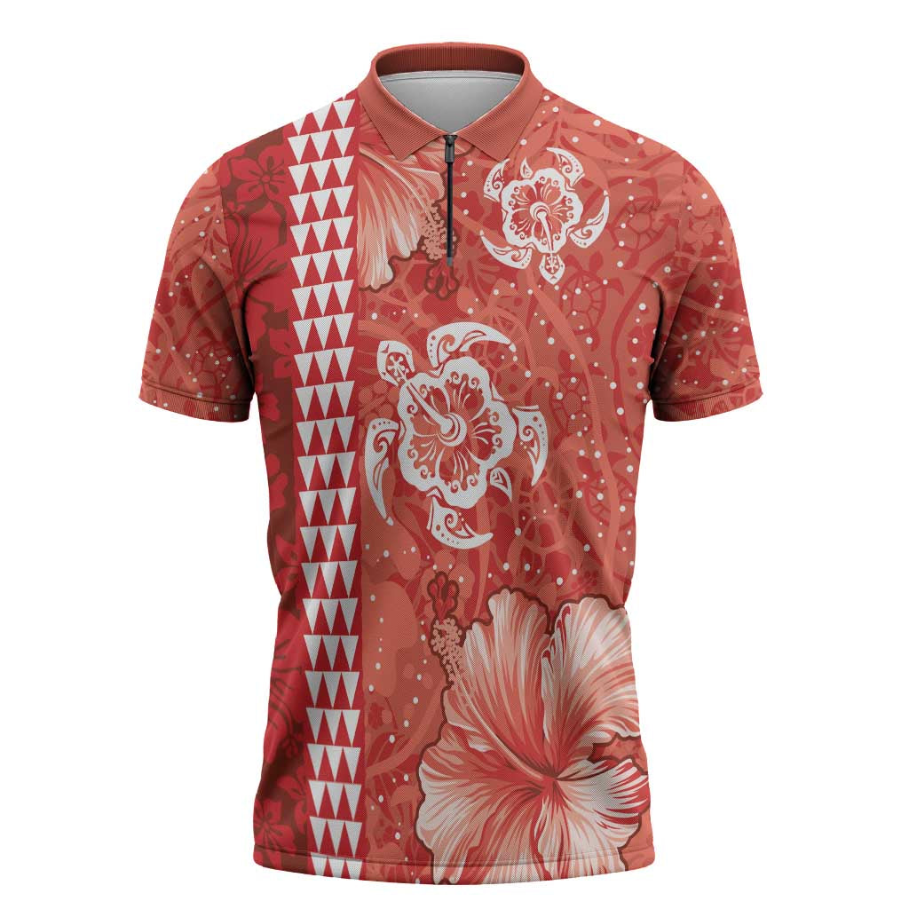 Red Hibiscus Turle Zipper Polo Shirt Hawaiian Style Tribal Tapa Pattern LT9 Red - Polynesian Pride
