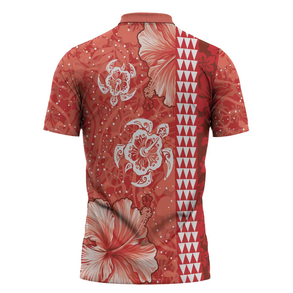 Red Hibiscus Turle Zipper Polo Shirt Hawaiian Style Tribal Tapa Pattern LT9 - Polynesian Pride