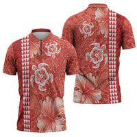 Red Hibiscus Turle Zipper Polo Shirt Hawaiian Style Tribal Tapa Pattern LT9 - Polynesian Pride