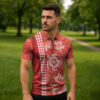 Red Hibiscus Turle Zipper Polo Shirt Hawaiian Style Tribal Tapa Pattern LT9 - Polynesian Pride