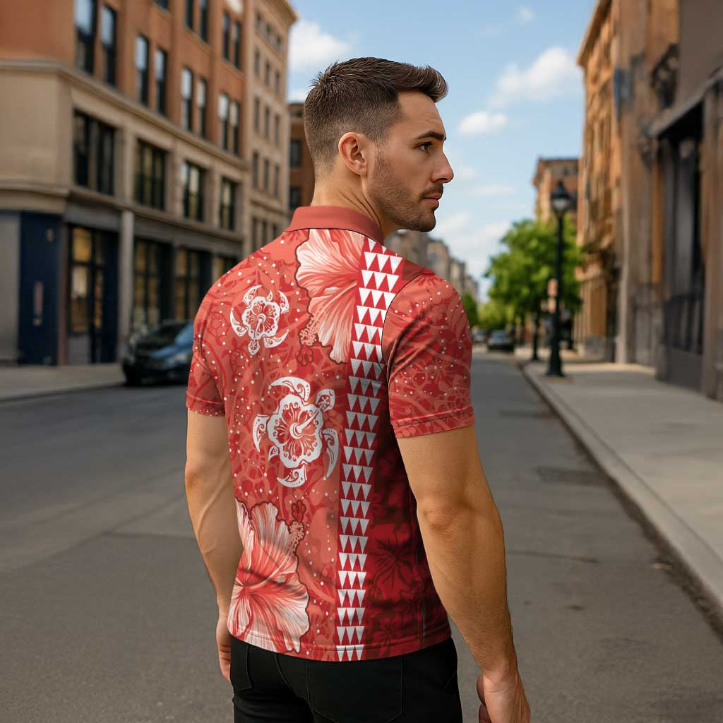 Red Hibiscus Turle Zipper Polo Shirt Hawaiian Style Tribal Tapa Pattern LT9 - Polynesian Pride