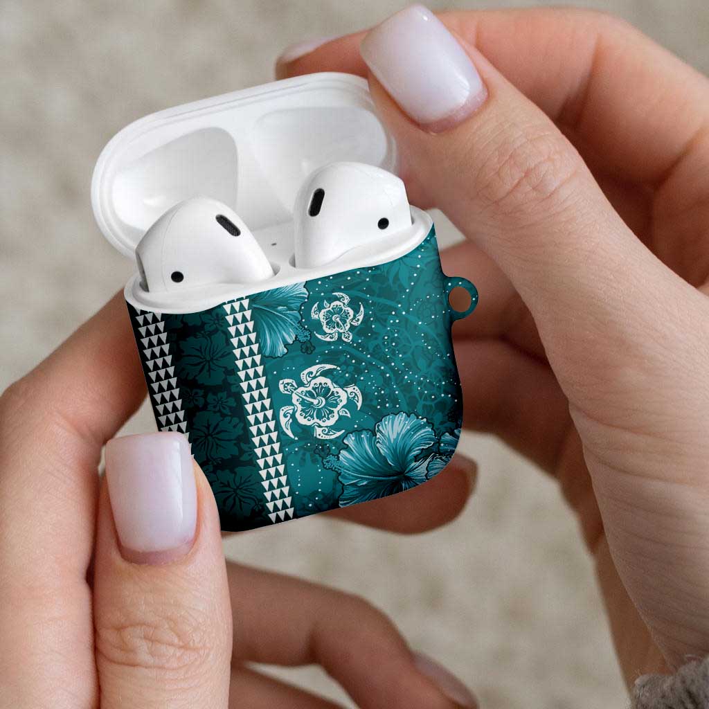 Teal Hibiscus Turle AirPods Case Hawaiian Style Tribal Tapa Pattern LT9 - Polynesian Pride