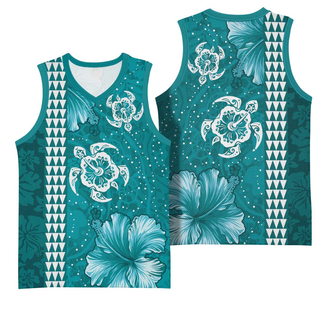 Teal Hibiscus Turle Basketball Jersey Hawaiian Style Tribal Tapa Pattern LT9 - Polynesian Pride
