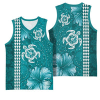 Teal Hibiscus Turle Basketball Jersey Hawaiian Style Tribal Tapa Pattern LT9 - Polynesian Pride