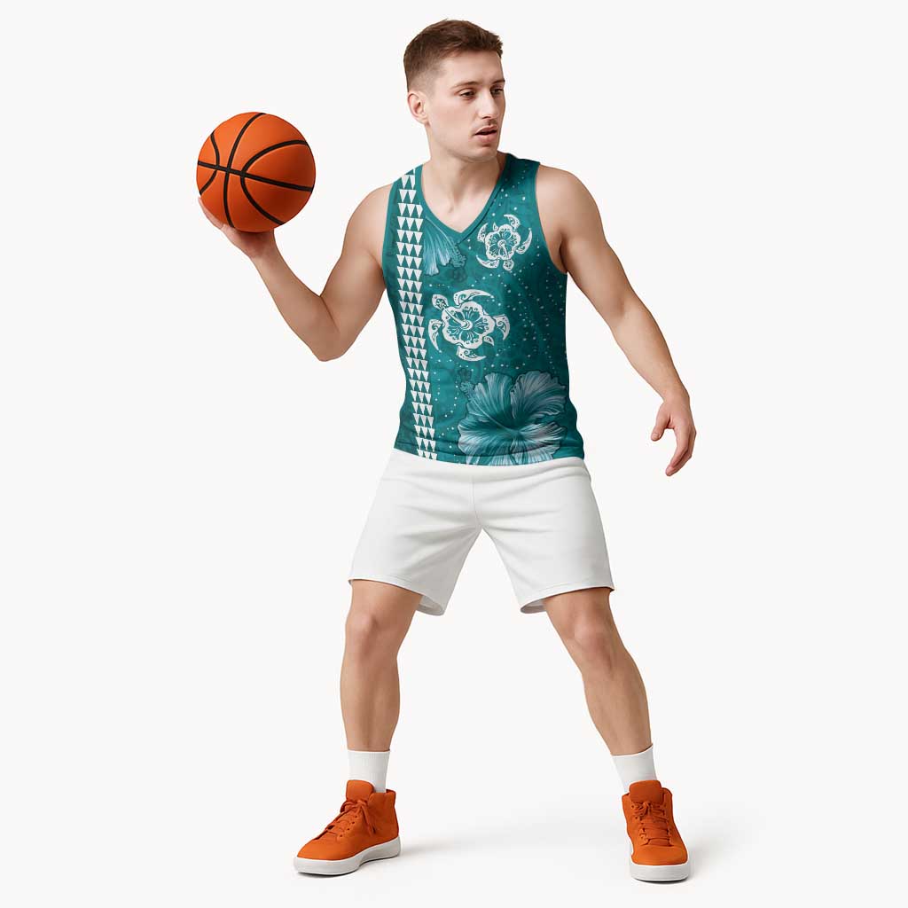 Teal Hibiscus Turle Basketball Jersey Hawaiian Style Tribal Tapa Pattern LT9 - Polynesian Pride