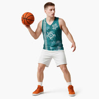 Teal Hibiscus Turle Basketball Jersey Hawaiian Style Tribal Tapa Pattern LT9 - Polynesian Pride
