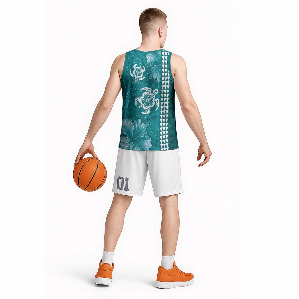 Teal Hibiscus Turle Basketball Jersey Hawaiian Style Tribal Tapa Pattern LT9 - Polynesian Pride