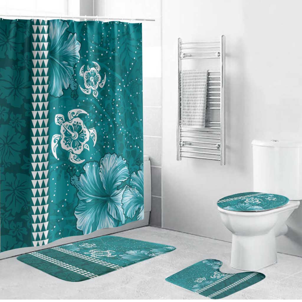 Teal Hibiscus Turle Bathroom Set Hawaiian Style Tribal Tapa Pattern LT9 Bathroom Set (4 pcs) Teal - Polynesian Pride