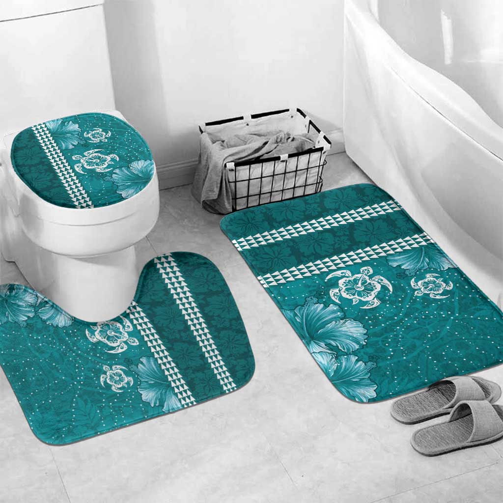 Teal Hibiscus Turle Bathroom Set Hawaiian Style Tribal Tapa Pattern LT9 Mat Set Only (3 pcs) One Size Teal - Polynesian Pride