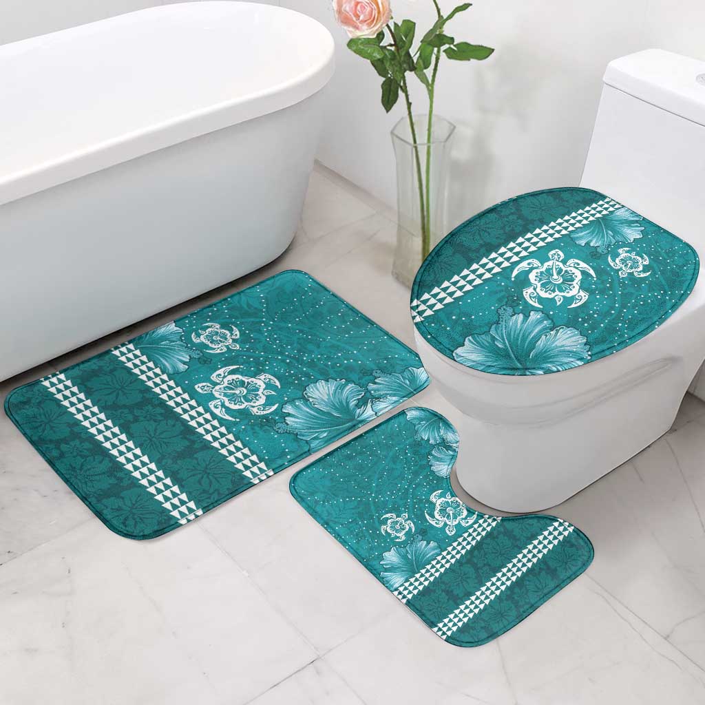 Teal Hibiscus Turle Bathroom Set Hawaiian Style Tribal Tapa Pattern LT9 - Polynesian Pride