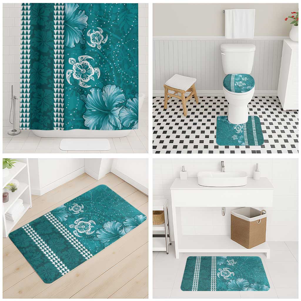 Teal Hibiscus Turle Bathroom Set Hawaiian Style Tribal Tapa Pattern LT9 - Polynesian Pride
