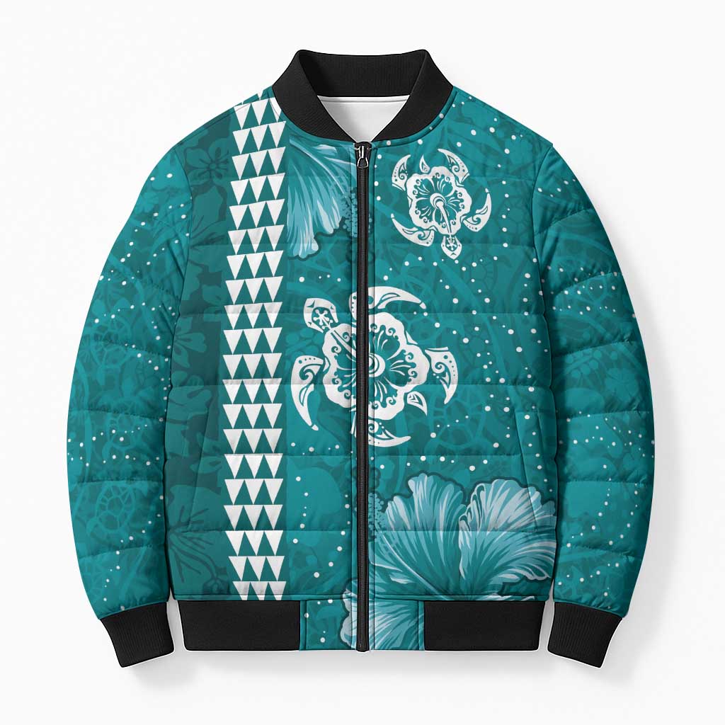 Teal Hibiscus Turle Bomber Puffer Jacket Hawaiian Style Tribal Tapa Pattern LT9 Unisex Teal - Polynesian Pride