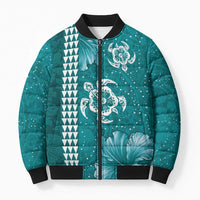 Teal Hibiscus Turle Bomber Puffer Jacket Hawaiian Style Tribal Tapa Pattern LT9 Unisex Teal - Polynesian Pride