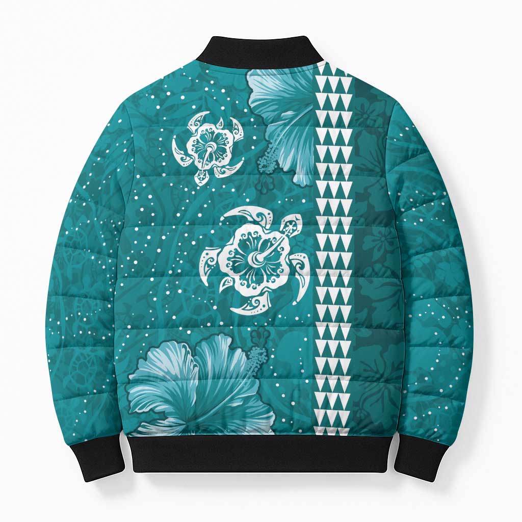 Teal Hibiscus Turle Bomber Puffer Jacket Hawaiian Style Tribal Tapa Pattern LT9 - Polynesian Pride