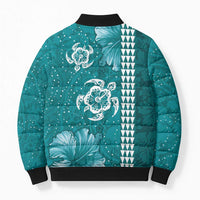 Teal Hibiscus Turle Bomber Puffer Jacket Hawaiian Style Tribal Tapa Pattern LT9 - Polynesian Pride