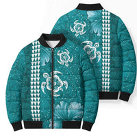 Teal Hibiscus Turle Bomber Puffer Jacket Hawaiian Style Tribal Tapa Pattern LT9 - Polynesian Pride
