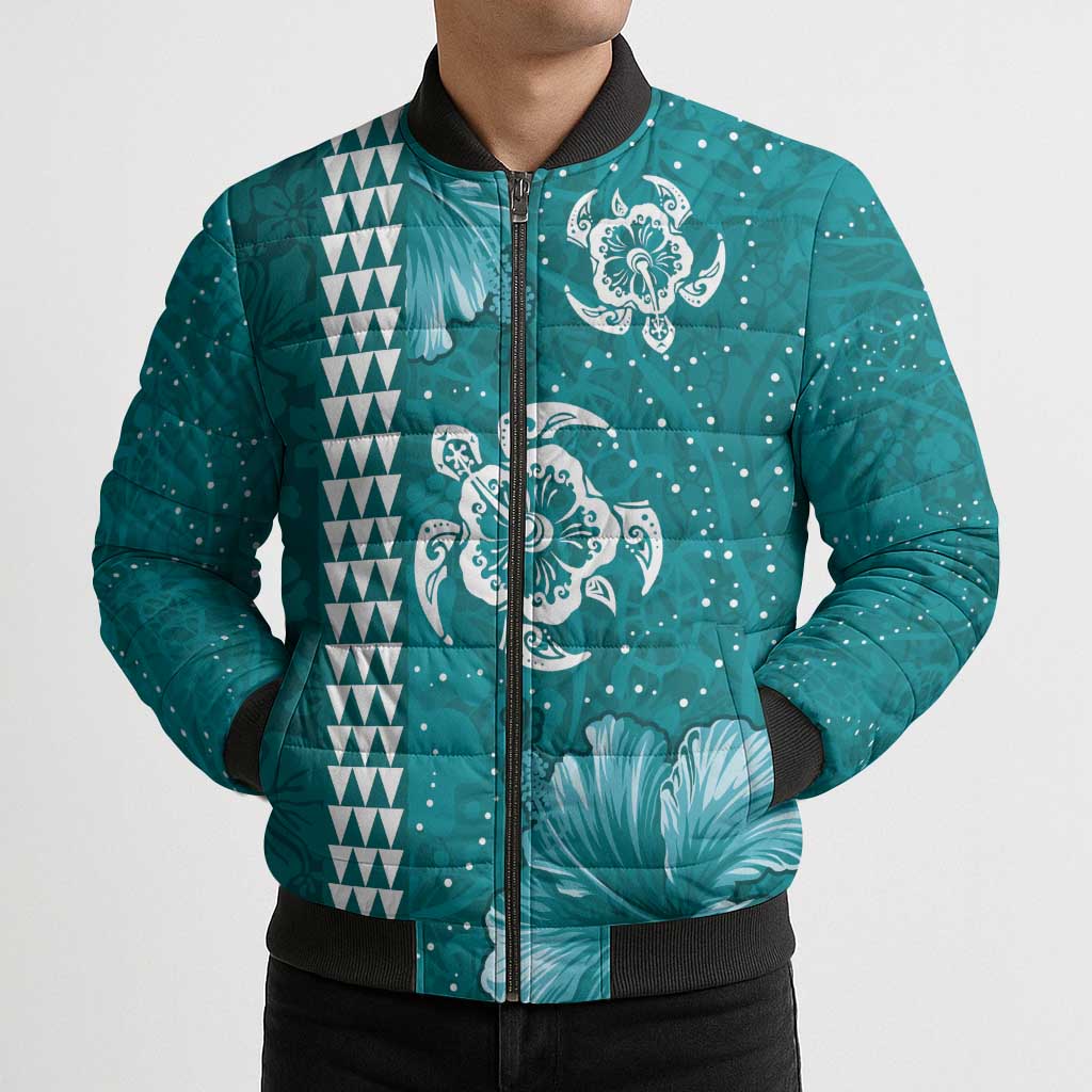 Teal Hibiscus Turle Bomber Puffer Jacket Hawaiian Style Tribal Tapa Pattern LT9 - Polynesian Pride