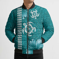 Teal Hibiscus Turle Bomber Puffer Jacket Hawaiian Style Tribal Tapa Pattern LT9 - Polynesian Pride