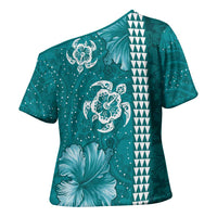 Teal Hibiscus Turle Cross Shoulder Shirt Hawaiian Style Tribal Tapa Pattern LT9 - Polynesian Pride