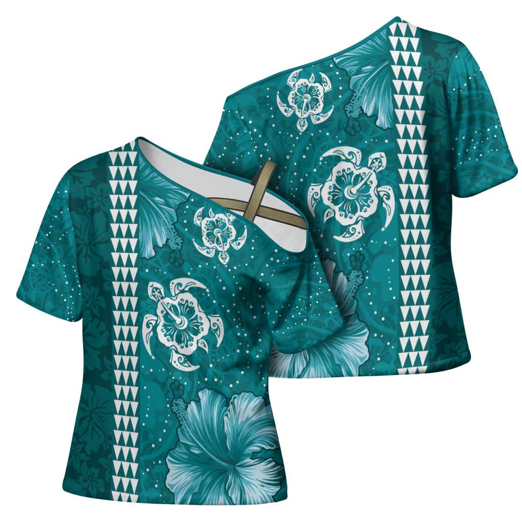 Teal Hibiscus Turle Cross Shoulder Shirt Hawaiian Style Tribal Tapa Pattern LT9 - Polynesian Pride