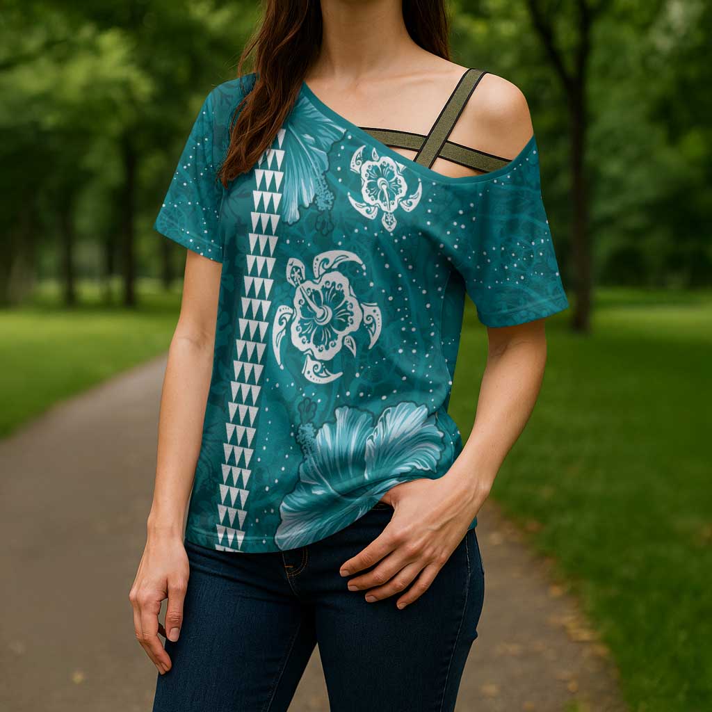 Teal Hibiscus Turle Cross Shoulder Shirt Hawaiian Style Tribal Tapa Pattern LT9 - Polynesian Pride