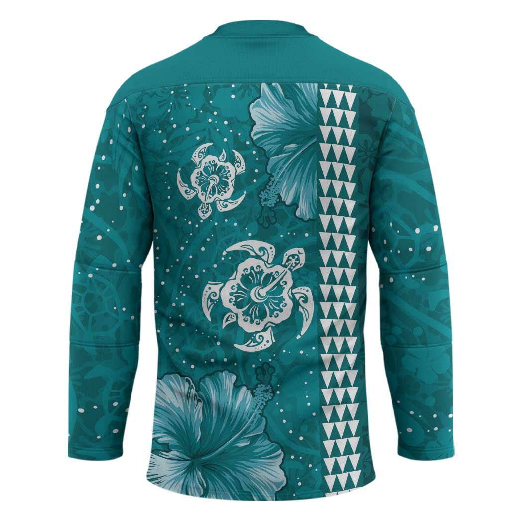 Teal Hibiscus Turle Hockey Jersey Hawaiian Style Tribal Tapa Pattern LT9 - Polynesian Pride