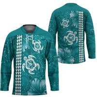 Teal Hibiscus Turle Hockey Jersey Hawaiian Style Tribal Tapa Pattern LT9 - Polynesian Pride