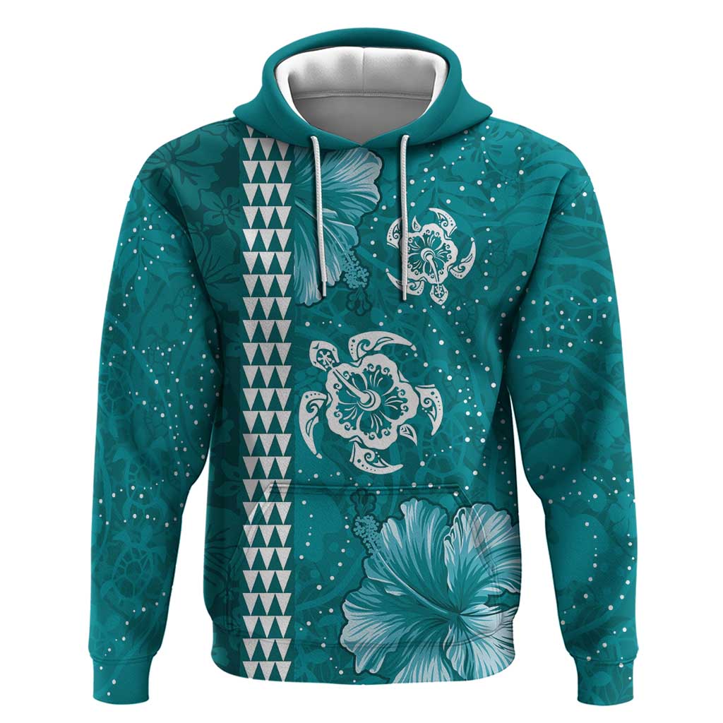Teal Hibiscus Turle Hoodie Hawaiian Style Tribal Tapa Pattern LT9 Pullover Hoodie Teal - Polynesian Pride