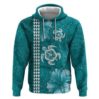 Teal Hibiscus Turle Hoodie Hawaiian Style Tribal Tapa Pattern LT9 Pullover Hoodie Teal - Polynesian Pride
