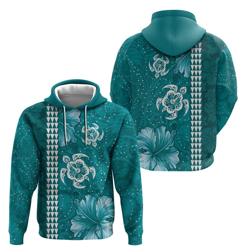 Teal Hibiscus Turle Hoodie Hawaiian Style Tribal Tapa Pattern LT9 - Polynesian Pride