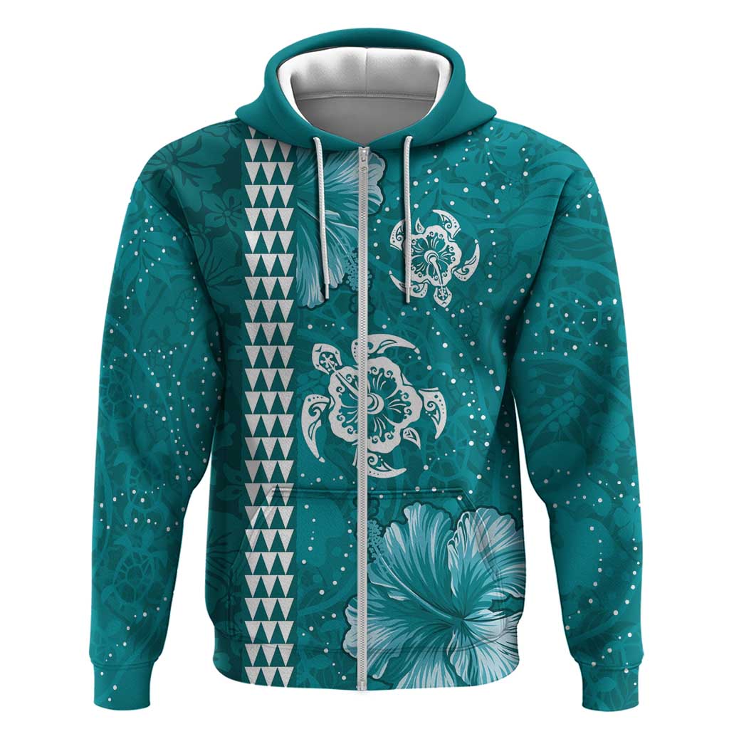 Teal Hibiscus Turle Hoodie Hawaiian Style Tribal Tapa Pattern LT9 Zip Hoodie Teal - Polynesian Pride