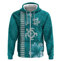 Teal Hibiscus Turle Hoodie Hawaiian Style Tribal Tapa Pattern LT9 Zip Hoodie Teal - Polynesian Pride