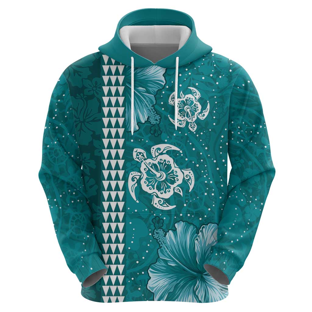 Teal Hibiscus Turle Hoodie Hawaiian Style Tribal Tapa Pattern LT9 - Polynesian Pride