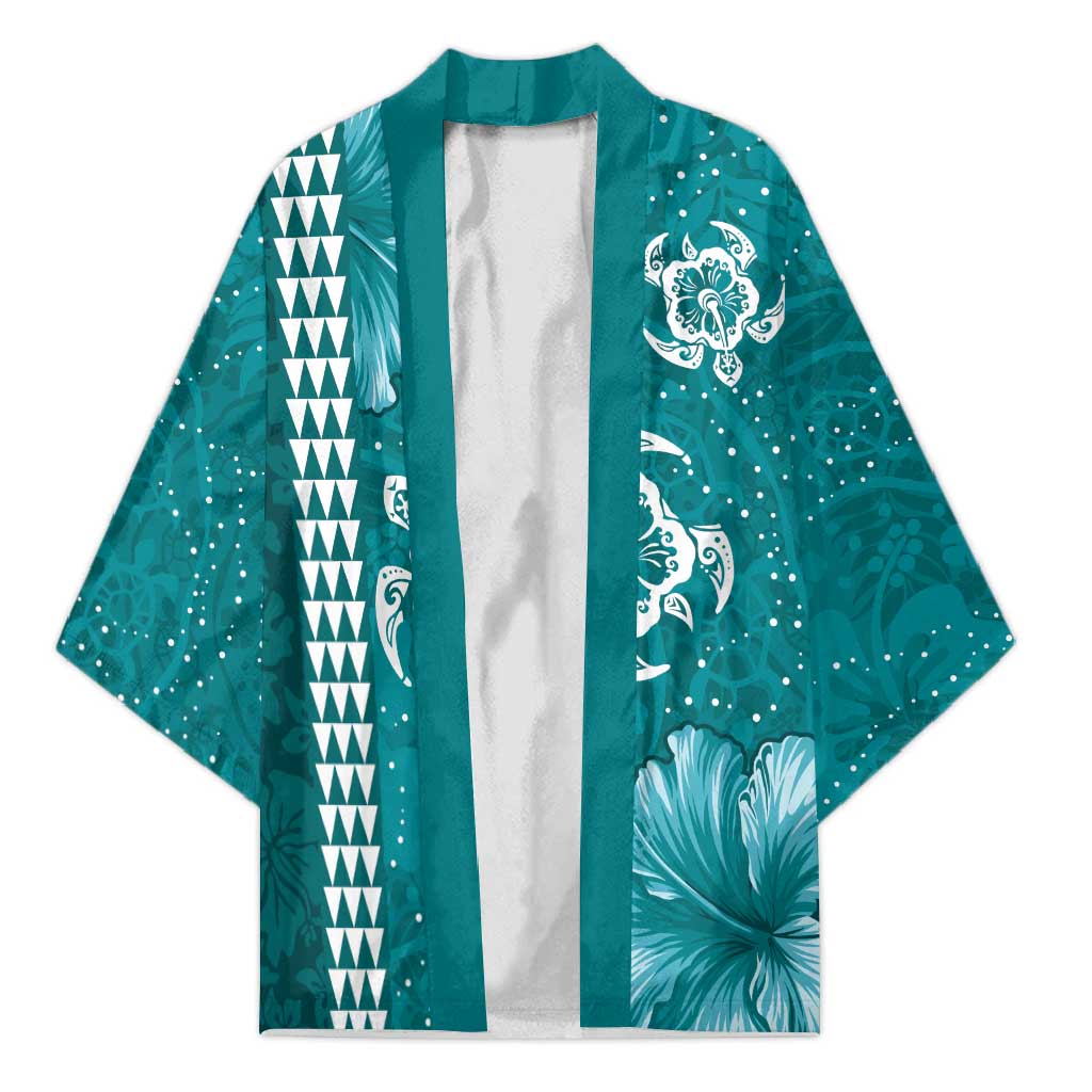 Teal Hibiscus Turle Kimono Hawaiian Style Tribal Tapa Pattern LT9 Unisex Teal - Polynesian Pride