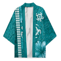 Teal Hibiscus Turle Kimono Hawaiian Style Tribal Tapa Pattern LT9 Unisex Teal - Polynesian Pride