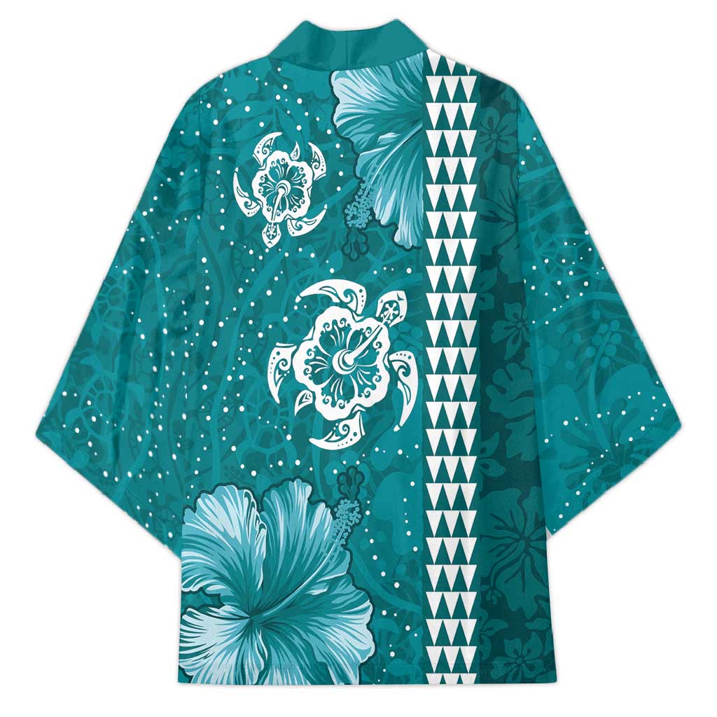 Teal Hibiscus Turle Kimono Hawaiian Style Tribal Tapa Pattern LT9 - Polynesian Pride
