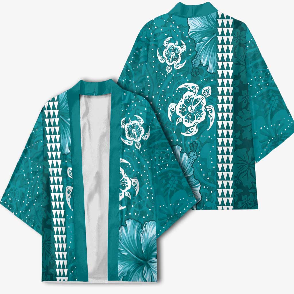 Teal Hibiscus Turle Kimono Hawaiian Style Tribal Tapa Pattern LT9 - Polynesian Pride