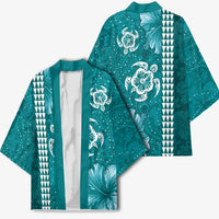 Teal Hibiscus Turle Kimono Hawaiian Style Tribal Tapa Pattern LT9 - Polynesian Pride
