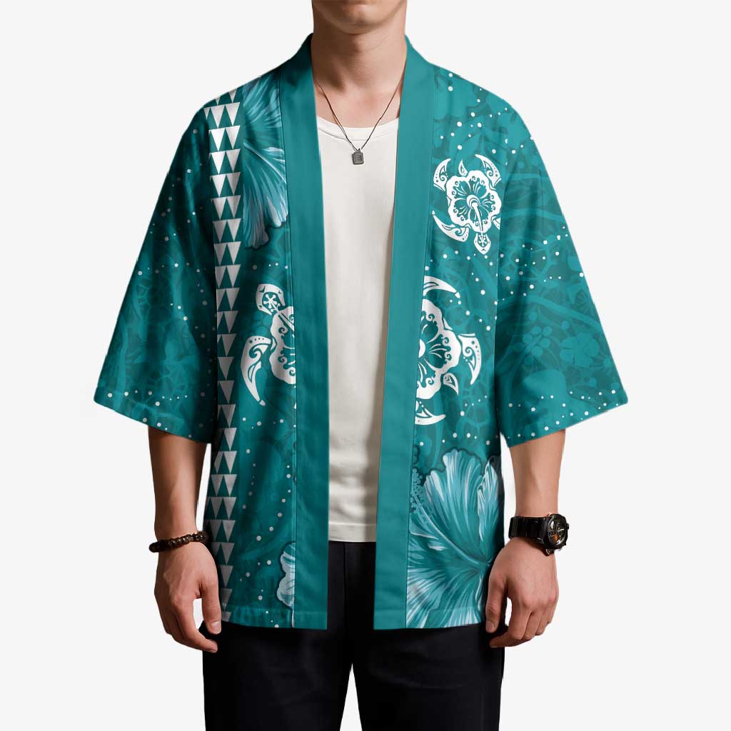 Teal Hibiscus Turle Kimono Hawaiian Style Tribal Tapa Pattern LT9 - Polynesian Pride