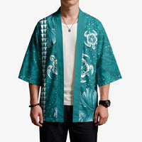 Teal Hibiscus Turle Kimono Hawaiian Style Tribal Tapa Pattern LT9 - Polynesian Pride