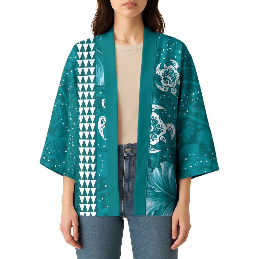 Teal Hibiscus Turle Kimono Hawaiian Style Tribal Tapa Pattern LT9 - Polynesian Pride
