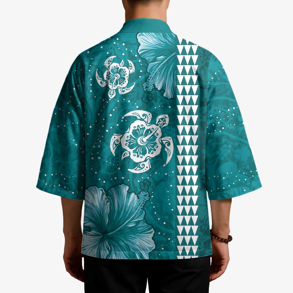 Teal Hibiscus Turle Kimono Hawaiian Style Tribal Tapa Pattern LT9 - Polynesian Pride