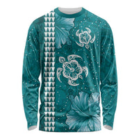 Teal Hibiscus Turle Long Sleeve Shirt Hawaiian Style Tribal Tapa Pattern LT9 Unisex Teal - Polynesian Pride