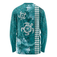 Teal Hibiscus Turle Long Sleeve Shirt Hawaiian Style Tribal Tapa Pattern LT9 - Polynesian Pride