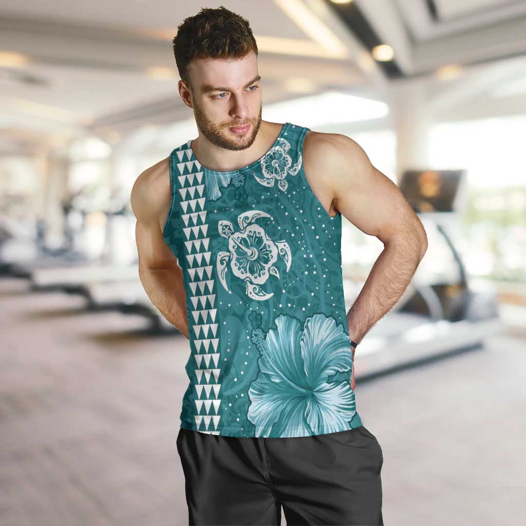 Teal Hibiscus Turle Men Tank Top Hawaiian Style Tribal Tapa Pattern LT9 Teal - Polynesian Pride
