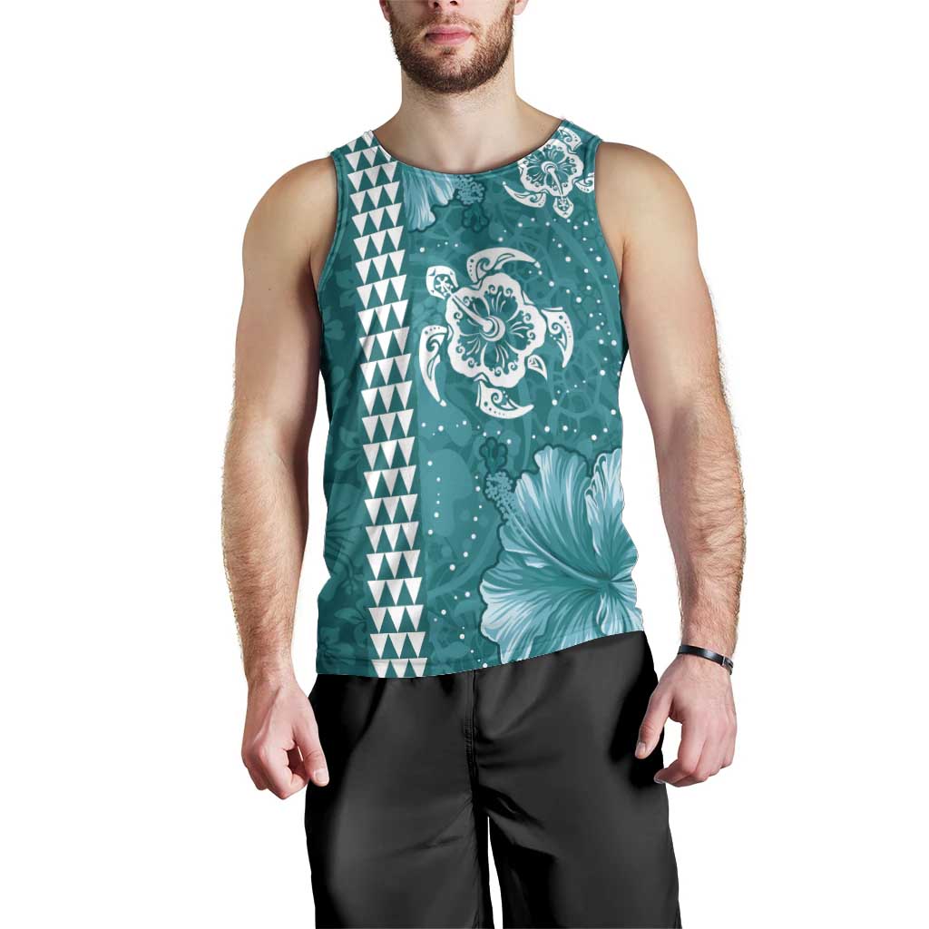 Teal Hibiscus Turle Men Tank Top Hawaiian Style Tribal Tapa Pattern LT9 - Polynesian Pride