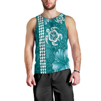 Teal Hibiscus Turle Men Tank Top Hawaiian Style Tribal Tapa Pattern LT9 - Polynesian Pride